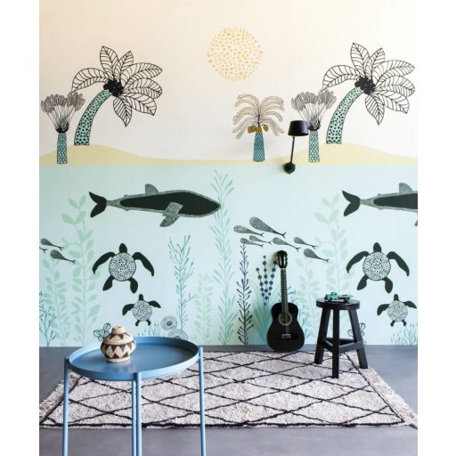 Rasch Studio Onszelf Stories 557466 Gyerekszobai Tengerpart pálmák és vizivilág vízzöld krémfehér sárga fekete falpanel