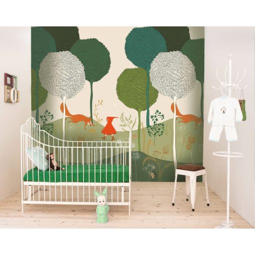 Rasch Studio Onszelf Stories 557480 Gyerekszobai "Népszerű mese" Piroska és a Róka zöld piros szines falpanel