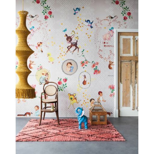 Rasch Studio Onszelf Stories 557664 Gyerekszobai Aranyos állatok virágok szürkésbézs piros szines falpanel