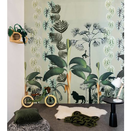 Rasch Studio Onszelf Stories 557688 Gyerekszobai Dzsungel mélyén vad oroszlánok majmok világoszöld fekete barna zöld falpanel