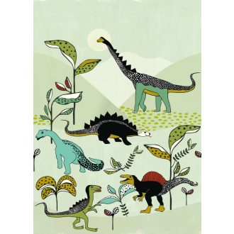   Rasch Studio Onszelf Stories 557695 Gyerekszobai Kalandok dínókkal a hegyek alatt zöld árnyalatok fekete szines falpanel