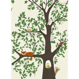   Rasch Studio Onszelf Stories 557756 Gyerekszobai Erdei csendélet rókával bagyollyal és kismadárral krém zöld barna szines falpanel