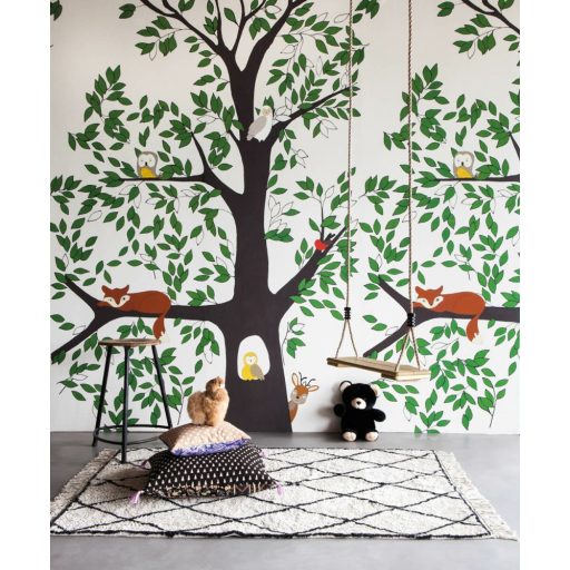Rasch Studio Onszelf Stories 557756 Gyerekszobai Erdei csendélet rókával bagyollyal és kismadárral krém zöld barna szines falpanel