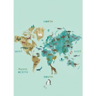   Rasch Studio Onszelf Stories 557749 Gyerekszobai Világtérkép őshonos állatok élőhelyeivel világoskék barna kékeszöld falpanel