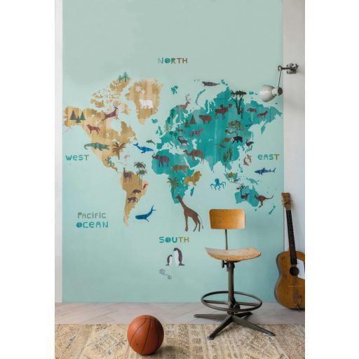 Rasch Studio Onszelf Stories 557749 Gyerekszobai Világtérkép őshonos állatok élőhelyeivel világoskék barna kékeszöld falpanel