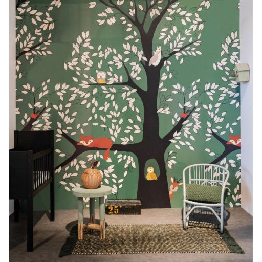 Rasch Studio Onszelf Stories 557763 Gyerekszobai Erdei csendélet rókával bagyollyal és kismadárral zöld barna fehér szines falpanel
