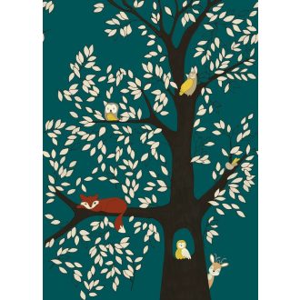   Rasch Studio Onszelf Stories 557770 Gyerekszobai Erdei csendélet rókával bagyollyal és kismadárral petrolkék sötétbarna fehér falpanel