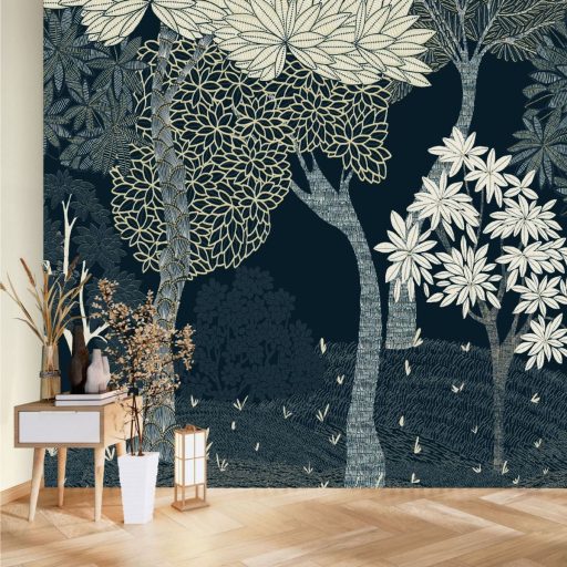 Az elvarázsolt erdő gyönyörűen ralzolt fái természeti minta éjkék krém szürke türkiz és fehér tónus falpanel