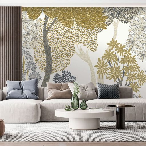 Az elvarázsolt erdő gyönyörűen ralzolt fái természeti minta törtfehér grafitszürke okkersárga arany és ezüst tónus falpanel