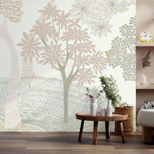 Az elvarázsolt erdő gyönyörűen ralzolt fái természeti minta krémfehér bézs pasztell zsályazöld és arany tónus falpanel