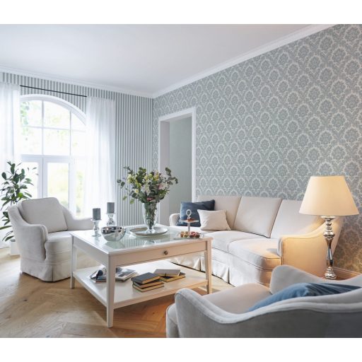 Csillogó hatású nemes dekoráció klasszikus csíkos minta kék fehér tapéta