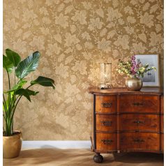   Elegáns kapaszkodó indák kibontakozó virágokkal levelekkel aranybarna bézs fényes hatás tapéta
