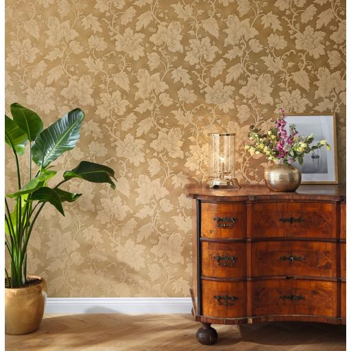 Elegáns kapaszkodó indák kibontakozó virágokkal levelekkel aranybarna bézs fényes hatás tapéta