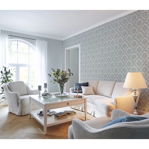 Fenséges barokk minta selymes díszítés világoskék fehér csillogó hatás tapéta