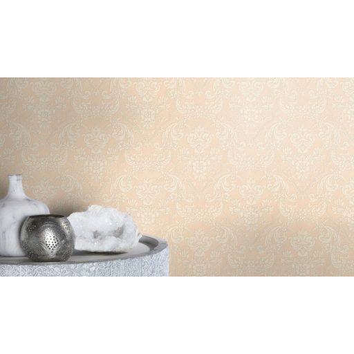 Francia hangulatú pazar barokk minta pasztell rózsaszín bézs csillogó hatás tapéta