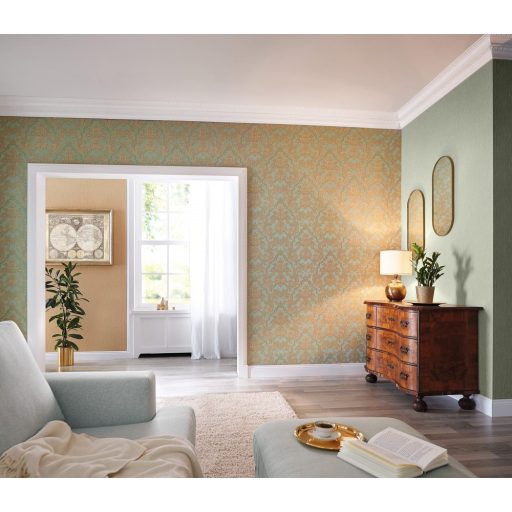 Francia hangulatú pazar barokk minta zöld arany csillogó hatás tapéta