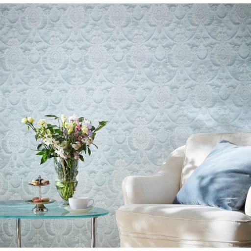 Haute Couture Barokk design finom hímzéssel irizáló színekkel szürkéskék fehérezüst enyhe csillogás tapéta