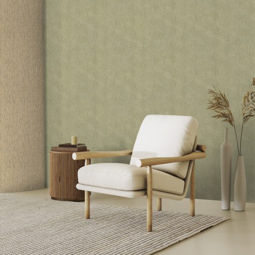 Háromdimenziós háromszög-mozaik pontszerű mintakialakítás olívzöld zöldes-bézs és pasztellzöld tónus tapéta