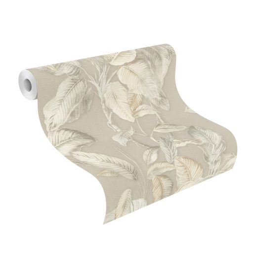 Természetközeli és elegáns trópusi levélmintázat 3D és irizáló hatással lágy bézs krétafehér aranybarna és szürkészöld tónus tapéta