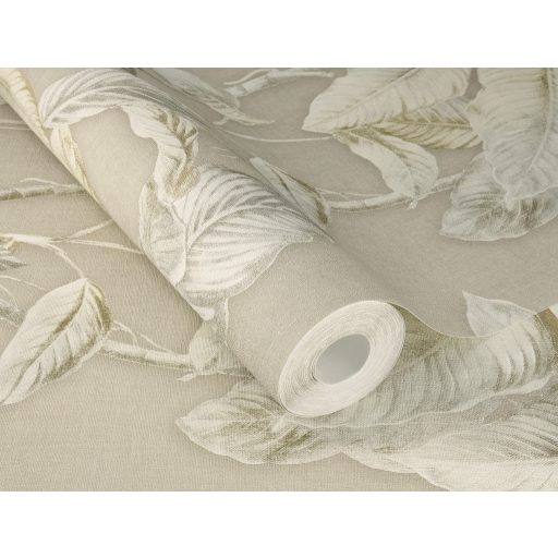 Természetközeli és elegáns trópusi levélmintázat 3D és irizáló hatással lágy bézs krétafehér aranybarna és szürkészöld tónus tapéta