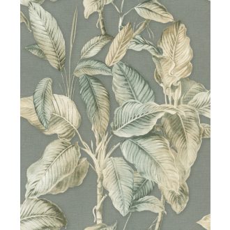   Természetközeli és elegáns trópusi levélmintázat 3D és irizáló hatással szürkészöld zöldeskék bézs és halványzöld tónus tapéta