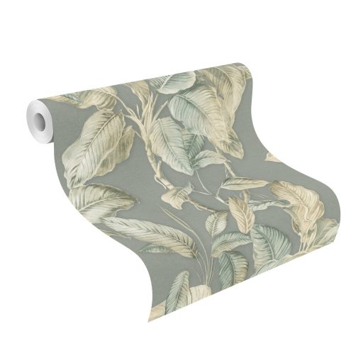 Természetközeli és elegáns trópusi levélmintázat 3D és irizáló hatással szürkészöld zöldeskék bézs és halványzöld tónus tapéta