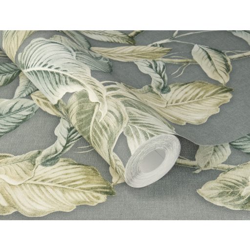 Természetközeli és elegáns trópusi levélmintázat 3D és irizáló hatással szürkészöld zöldeskék bézs és halványzöld tónus tapéta