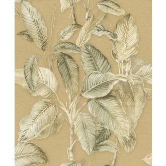   Természetközeli és elegáns trópusi levélmintázat 3D és irizáló hatással aranybarna krém bézs és szürkészöld tónus tapéta