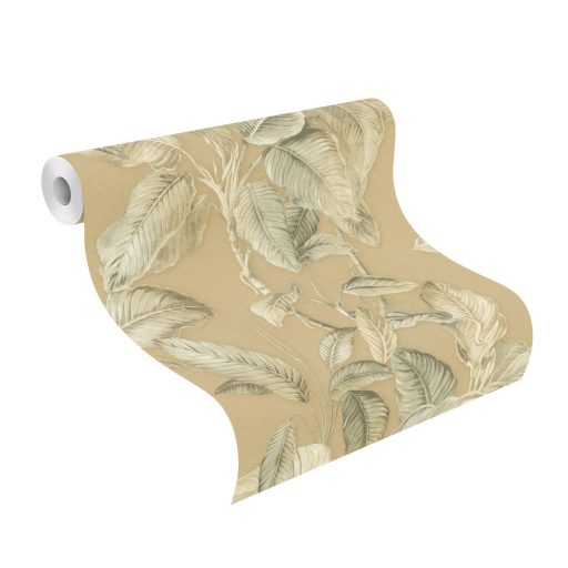 Természetközeli és elegáns trópusi levélmintázat 3D és irizáló hatással aranybarna krém bézs és szürkészöld tónus tapéta