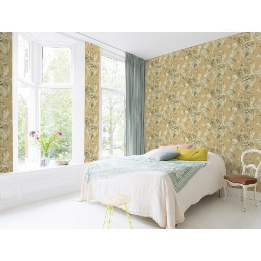 Természetközeli és elegáns trópusi levélmintázat 3D és irizáló hatással aranybarna krém bézs és szürkészöld tónus tapéta