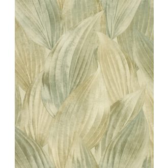   Nagyméretű levelek színátmenetes absztrakt 3D mintája zsályazöld sárgászöld bézs és arany tónus tapéta