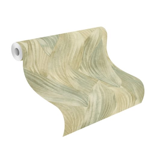 Nagyméretű levelek színátmenetes absztrakt 3D mintája zsályazöld sárgászöld bézs és arany tónus tapéta