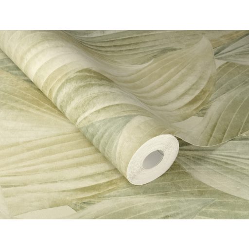 Nagyméretű levelek színátmenetes absztrakt 3D mintája zsályazöld sárgászöld bézs és arany tónus tapéta