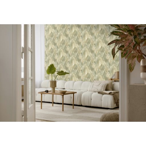 Nagyméretű levelek színátmenetes absztrakt 3D mintája zsályazöld sárgászöld bézs és arany tónus tapéta