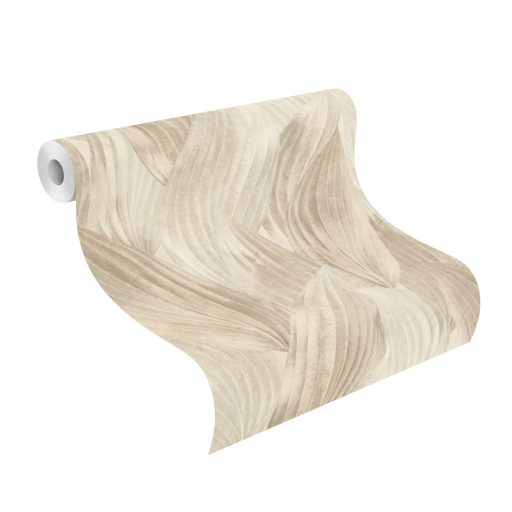 Nagyméretű levelek színátmenetes absztrakt 3D mintája törtfehér bézs és homokszín tónus tapéta