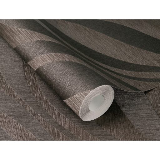 Finom vonalakkal kialakított széles 3D hullámminta dombornyomott struktúra sötétszürke és barna tónus fémes csillogás tapéta