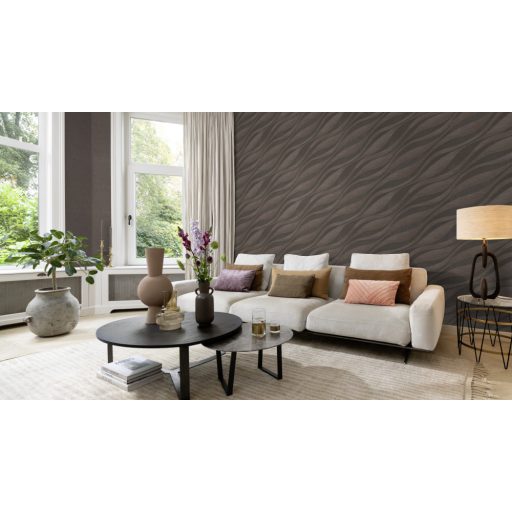 Finom vonalakkal kialakított széles 3D hullámminta dombornyomott struktúra sötétszürke és barna tónus fémes csillogás tapéta