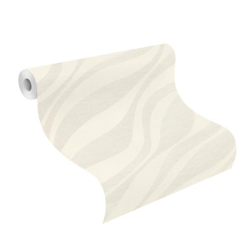 Finom vonalakkal kialakított széles 3D hullámminta dombornyomott struktúra krém és krémszürke tónus fémes csillogás tapéta