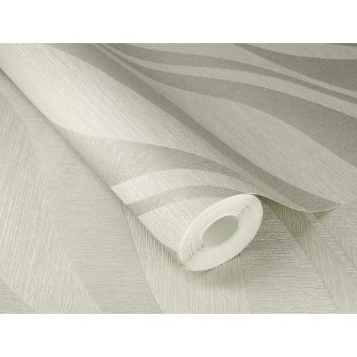 Finom vonalakkal kialakított széles 3D hullámminta dombornyomott struktúra krémszürke és ezüst tónus fémes csillogás tapéta