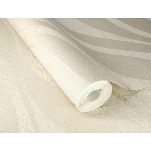 Finom vonalakkal kialakított széles 3D hullámminta dombornyomott struktúra világosbézs és bézsarany tónus fémes csillogás tapéta