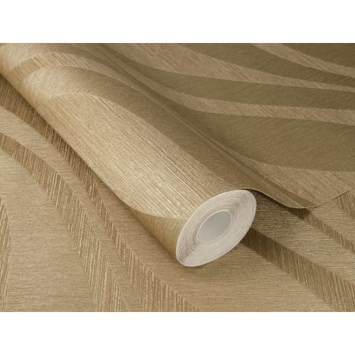 Finom vonalakkal kialakított széles 3D hullámminta dombornyomott struktúra aranybarna és arany tónus fémes csillogás tapéta