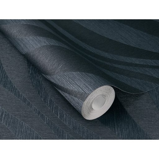 Finom vonalakkal kialakított széles 3D hullámminta dombornyomott struktúra antracit és éjkék tónus fémes csillogás tapéta