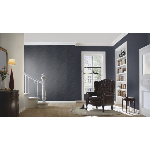 Finom vonalakkal kialakított széles 3D hullámminta dombornyomott struktúra antracit és éjkék tónus fémes csillogás tapéta