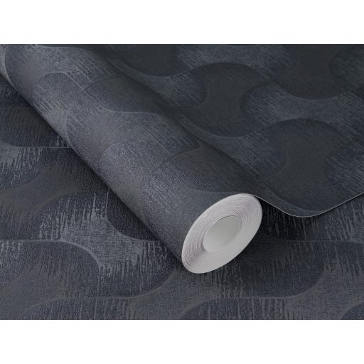 Kirakósra emlékeztető kombinálódó grafikus formák mintája antracit és éjkék tónus fémes hatás tapéta