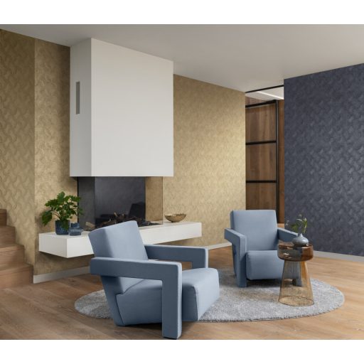 Kirakósra emlékeztető kombinálódó grafikus formák mintája antracit és éjkék tónus fémes hatás tapéta