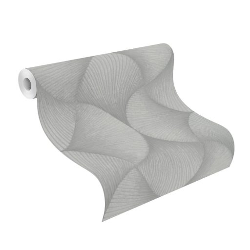 Legyezőre hasonlító grafikus elemek lendületes 3D mintája világosszürke szürke és ezüst tónus fémes hatás tapéta