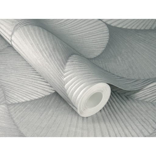 Legyezőre hasonlító grafikus elemek lendületes 3D mintája világosszürke szürke és ezüst tónus fémes hatás tapéta