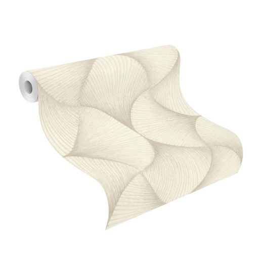 Legyezőre hasonlító grafikus elemek lendületes 3D mintája krémfehér krém és bézsarany tónus fémes hatás tapéta