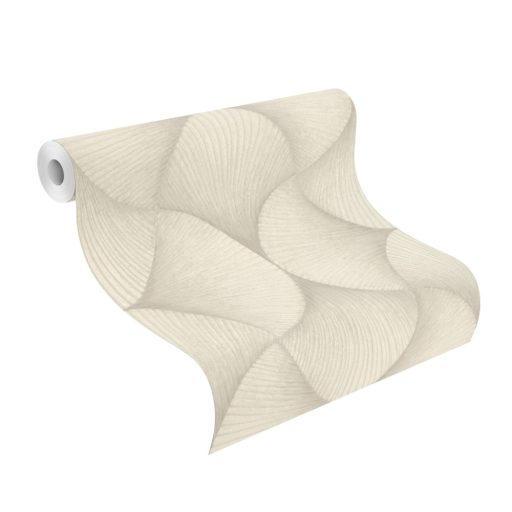 Legyezőre hasonlító grafikus elemek lendületes 3D mintája bézs szürkésbézs és bézsarany tónus fémes hatás tapéta