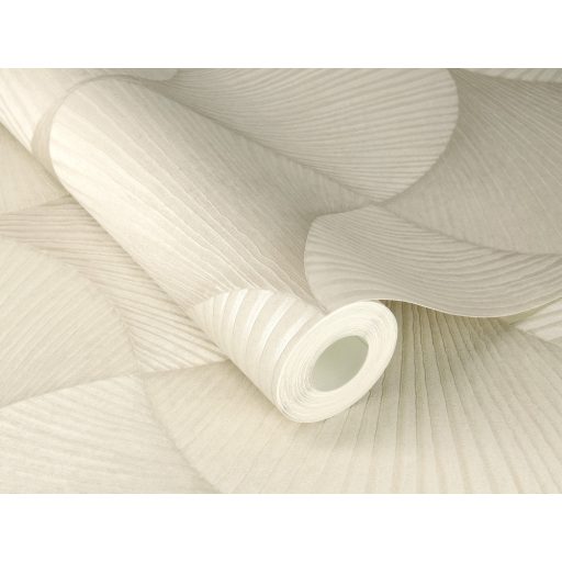 Legyezőre hasonlító grafikus elemek lendületes 3D mintája bézs szürkésbézs és bézsarany tónus fémes hatás tapéta